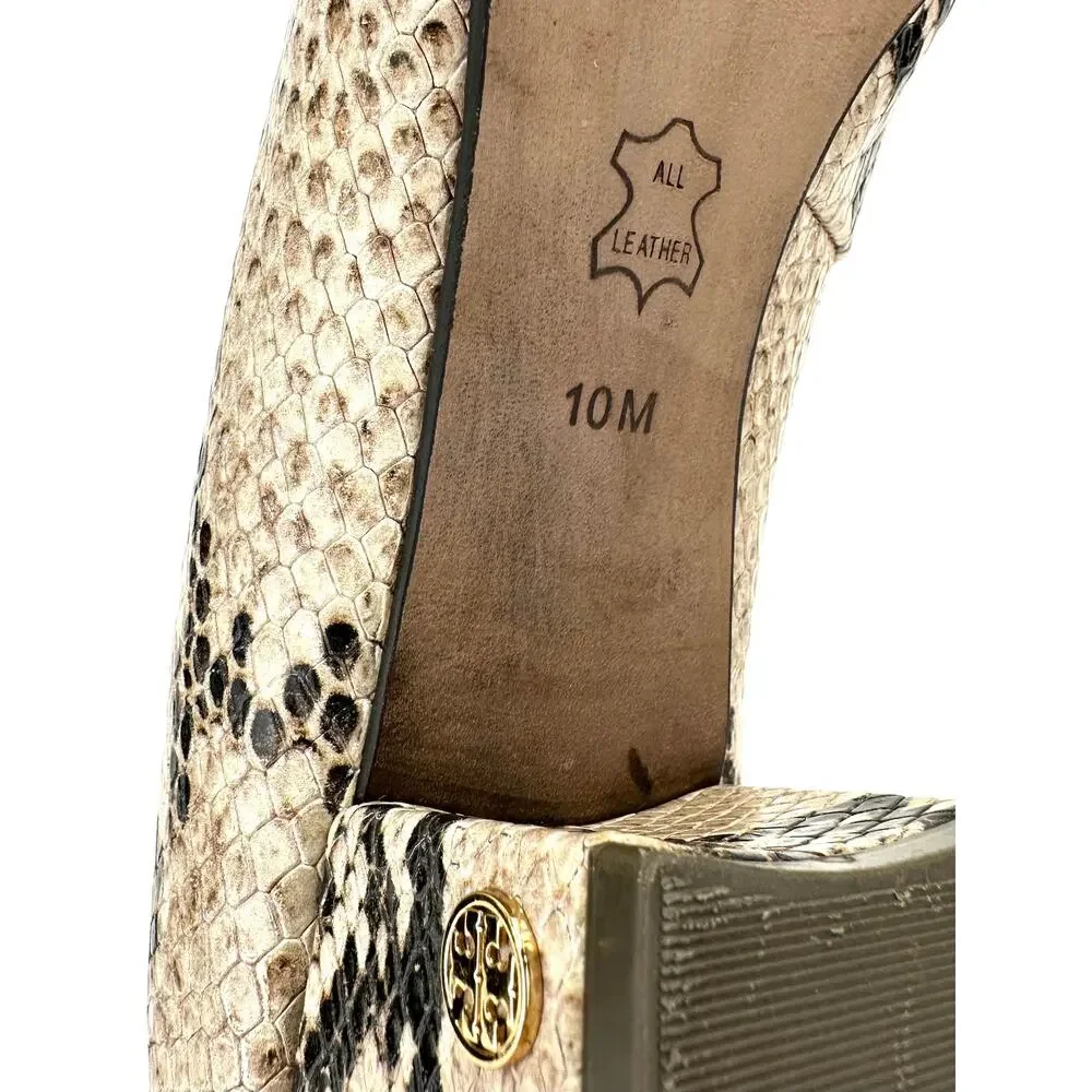 Tory Burch Block Heel Pump Sz 10M Tan Brown Snake Print Leather Closed Round Toe
